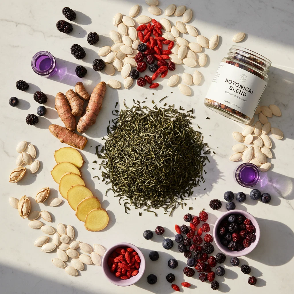 Naturlige botaniske ingredienser - grøn te, gurkemeje, ingefær og frø på hvid marmor - naturlige ingredienser stofskiftetilskud